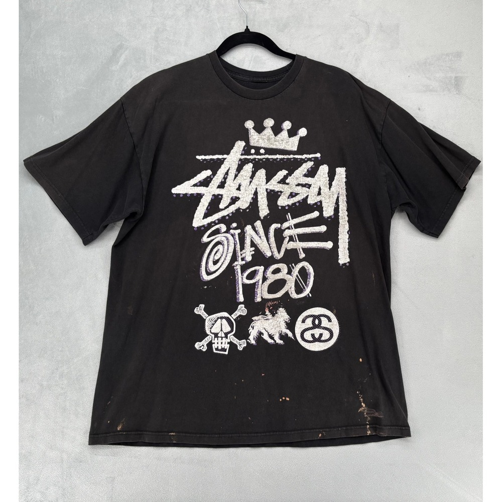 Stussy Graphic Tee Men XL Black Distressed Streetwear Skate Shirt